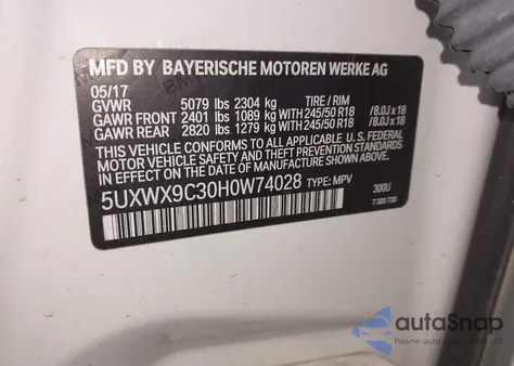 2017 BMW X3 xDrive28I from USA, damaged, VIN 5UXWX9C30H0W74028